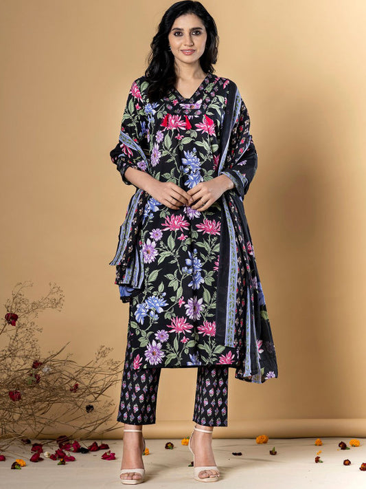 Floral Printed Pure Cotton Straight Kurta With Trouser & Dupatta