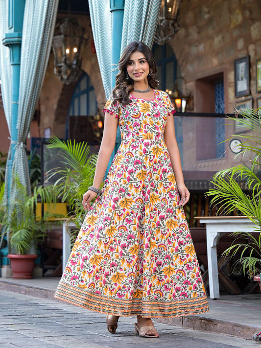 AKS Couture Women Floral Print Fit and Flare Ethnic Dresses with Pom-Pom Detail