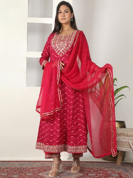 Fabinn Floral Embroidered Thread Work Anarkali Kurta With Trousers & Dupatta