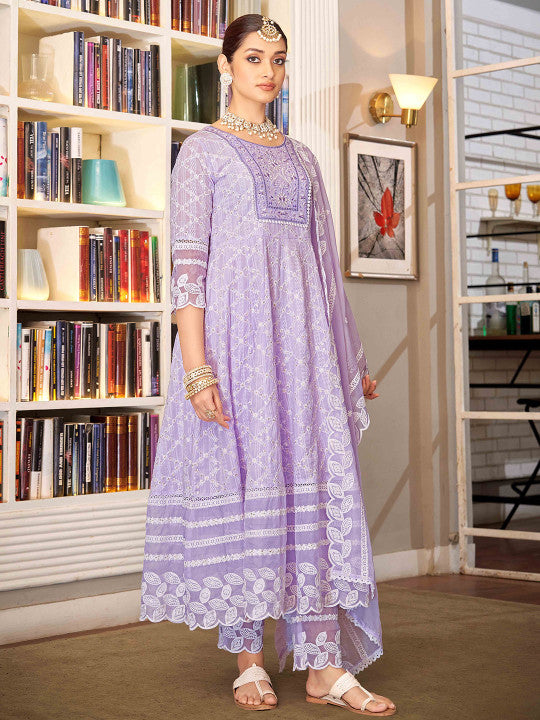 House of Pataudi Women Embroidered Pure Cotton Anarkali Kurta with Trouser & Dupatta