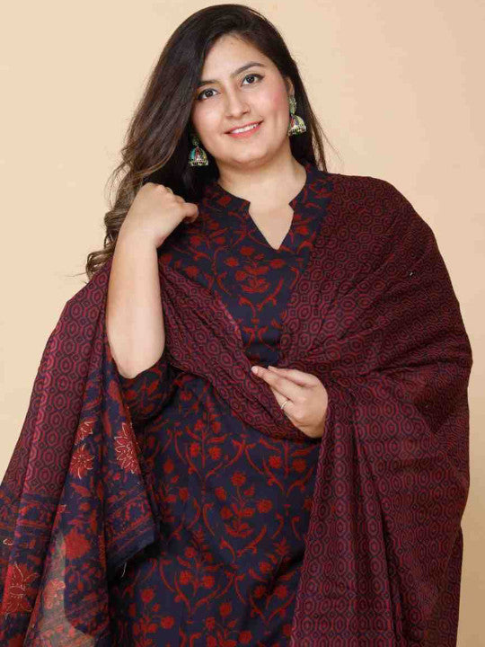 Doriyaan Plus Size Floral Printed Mandarin Collar Straight Pure Cotton Kurta With Sharara
