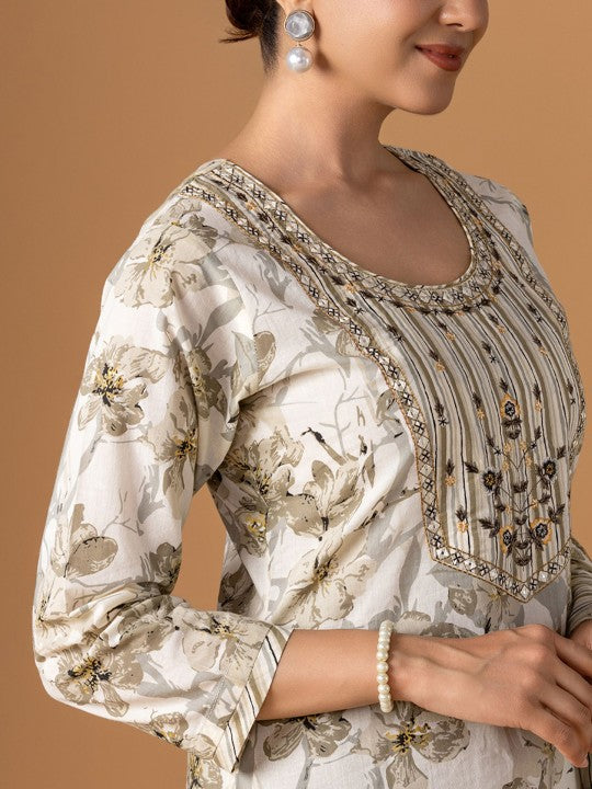 WOMEN PLUS Floral Printed Thread Work Pure Cotton Kurta With Trousers & Dupatta