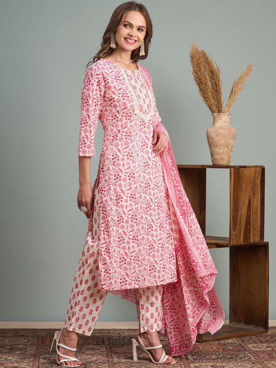 FASHOR Women Floral Printed Regular Thread Work Pure Cotton Kurta with Trousers & With Dupatta