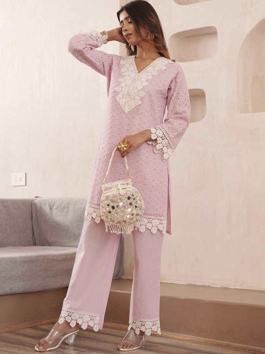 House of Pataudi Embroidered V-Neck Pure Cotton Tunic & Trouser