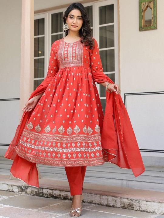 Cotton Foil Printed Yoke Design A-line Kurta Set