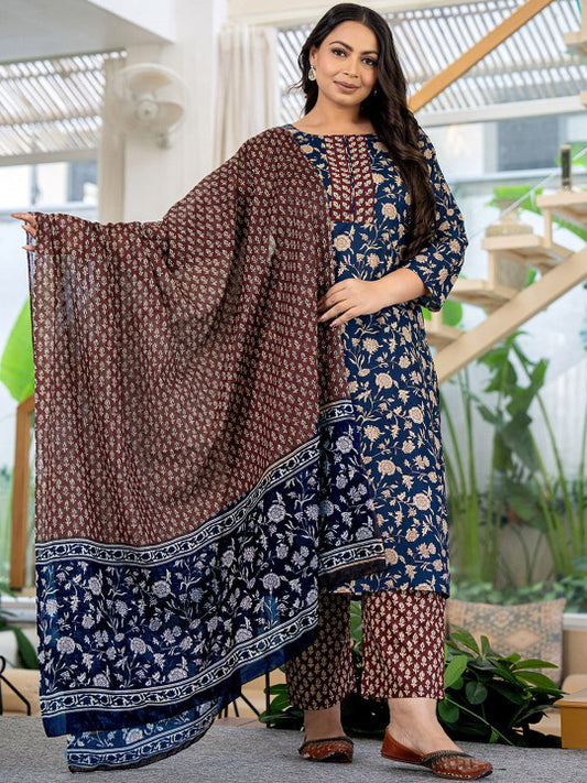 Yufta Floral Printed Round Neck Regular Pure Cotton Straight Kurta & Trouser With Dupatta