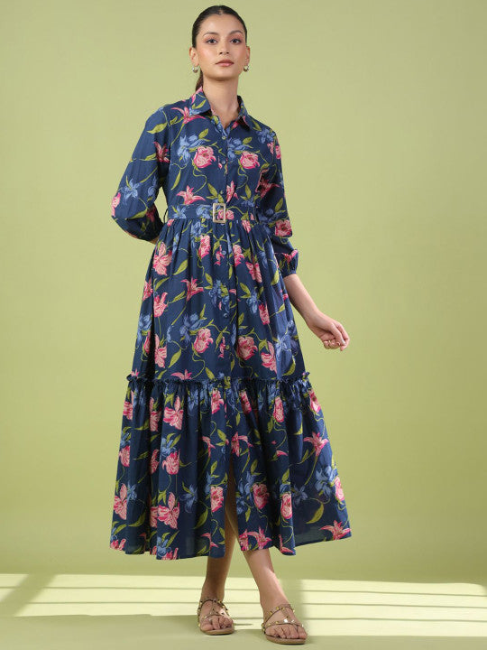 anayna Floral Printed Cotton Maxi Flared Ethnic Dress