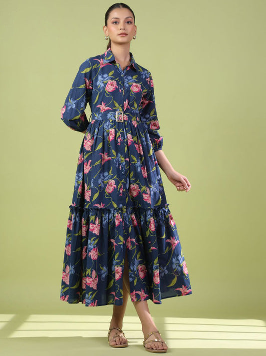 anayna Floral Printed Cotton Maxi Flared Ethnic Dress