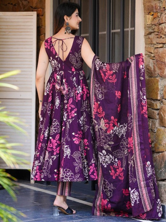 Idaho Clothing Floral Printed Pure Cotton Anarkali Kurta with Trousers & Dupatta