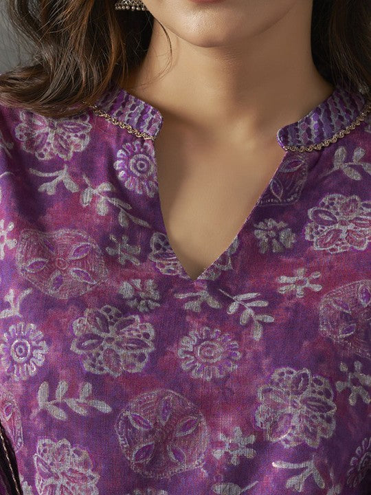 Anouk Purple Floral Printed Mandarin Collar Straight Kurta with Trousers & Dupatta