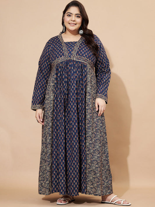 Vbuyz Plus Floral Printed Square Neck Cotton Maxi Ethinic Dress