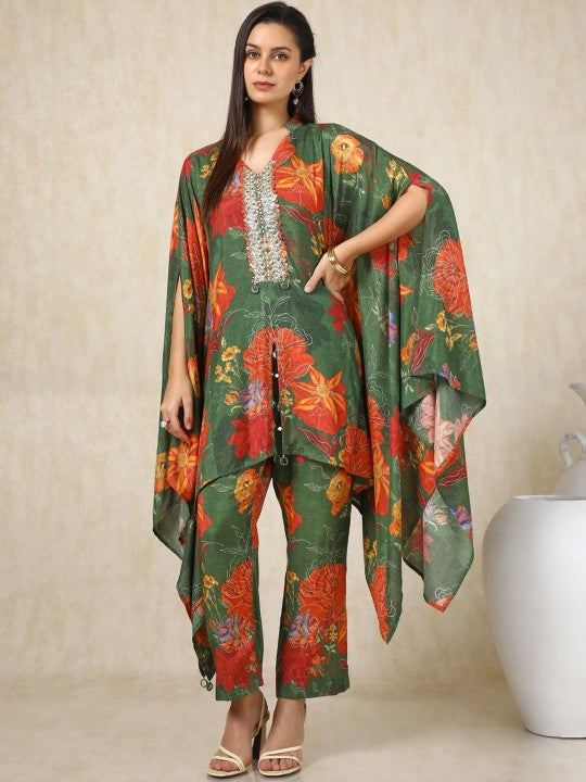 Floral Printed V-Neck Three-Quarter Sleeves Top With Trouser