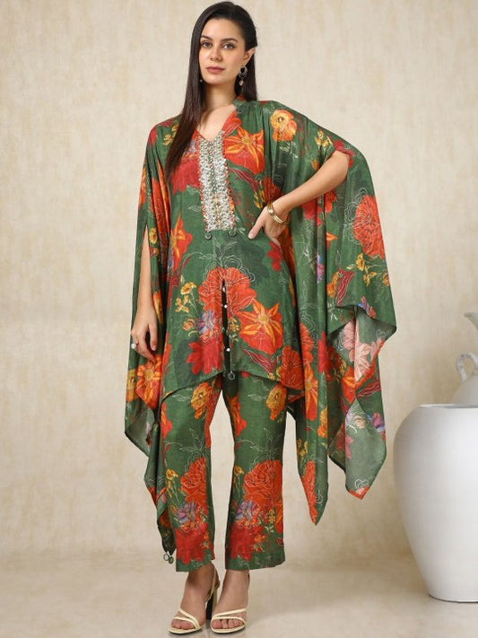 Floral Printed V-Neck Three-Quarter Sleeves Top With Trouser