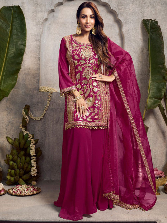 Inddus Floral Embroidered Sequinned Kurta With Palazzos & Dupatta