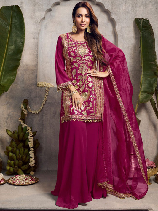 Inddus Floral Embroidered Sequinned Kurta With Palazzos & Dupatta