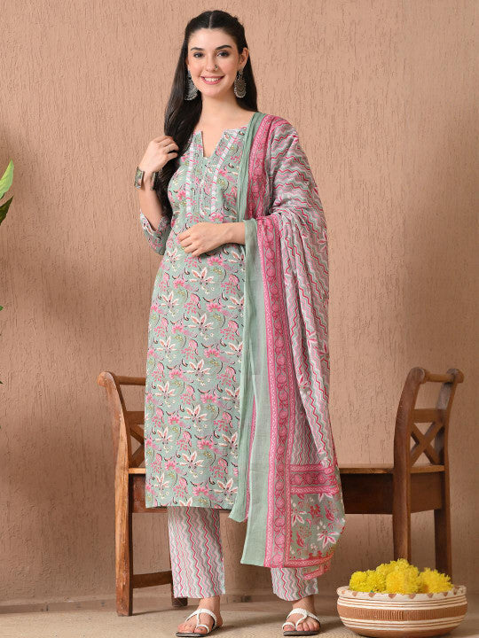 Anouk Women Grey Pure Cotton Kurta Sets