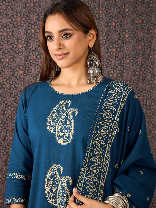 Indo Era Printed Round Neck Thread Work Pure Cotton Straight Kurta With Trousers & Dupatta