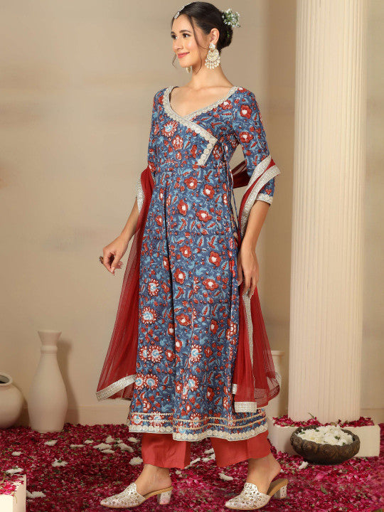 FLY STITCH Women Floral Printed Angrakha Gotta Patti Pure Cotton Kurta Set With Dupatta