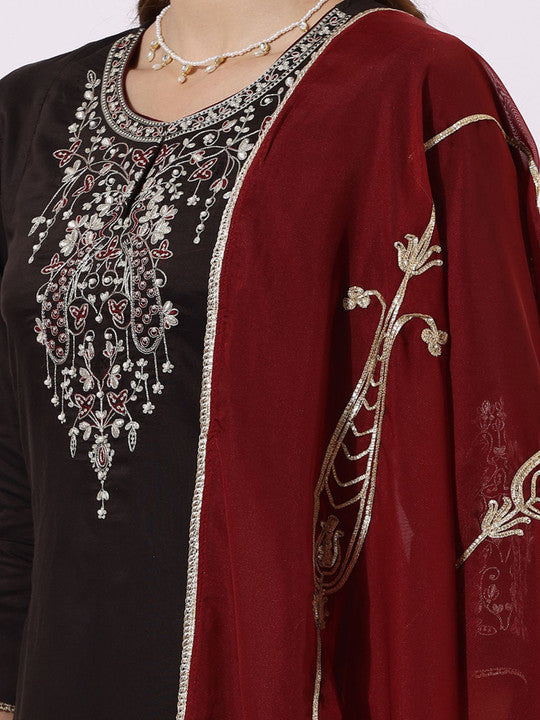 W Floral Embroidered Zari A-line Kurta With Trouser And Dupatta