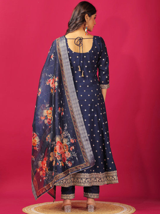 Floral Embroidered Pure Silk Anarkali Kurta With Trouser & Dupatta