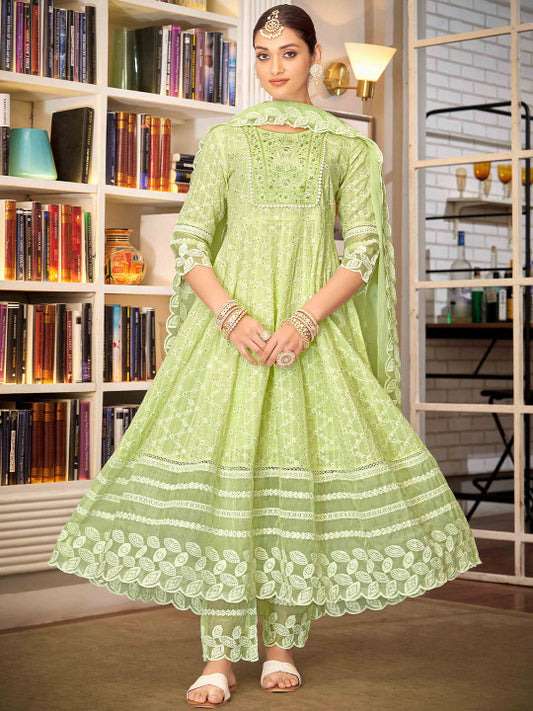 House of Pataudi Embroidered Chikankari Kurta with Trousers & Embroidered Dupatta
