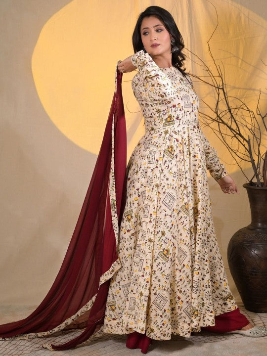 ADYASAA THE LABEL Women Printed Cotton Anarkali Kurta with Trousers & Dupatta