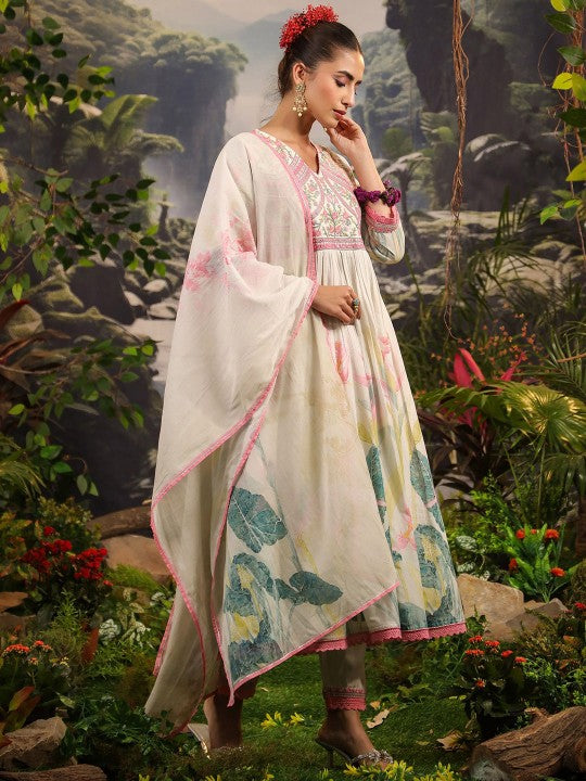 AARAAS Women Ethnic Motifs Embroidered Pure Cotton Kurta with Palazzos & Dupatta