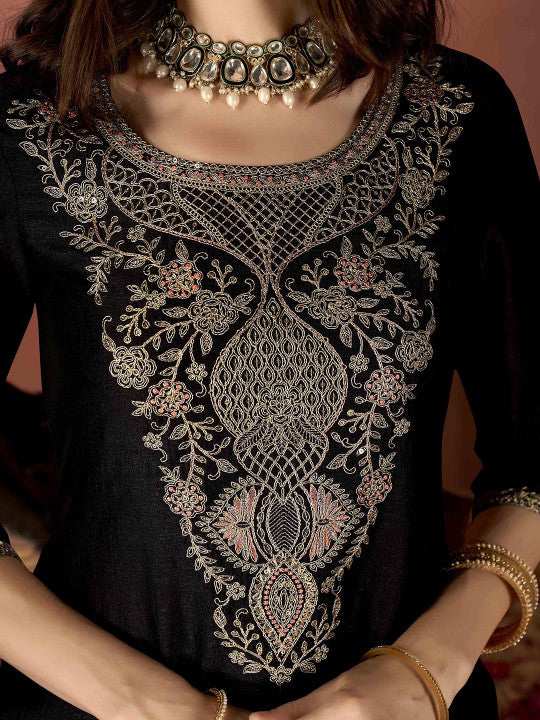 Anouk Ethnic Motifs Embroidered Regular Thread Work Straight Kurta With Trousers & Dupatta