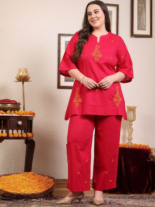 Sringam Chikankari Embroidered Mandarin Collar Pure Cotton Top With Trouser