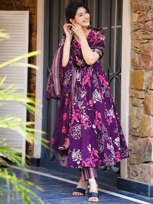 Idaho Clothing Floral Printed Pure Cotton Anarkali Kurta with Trousers & Dupatta
