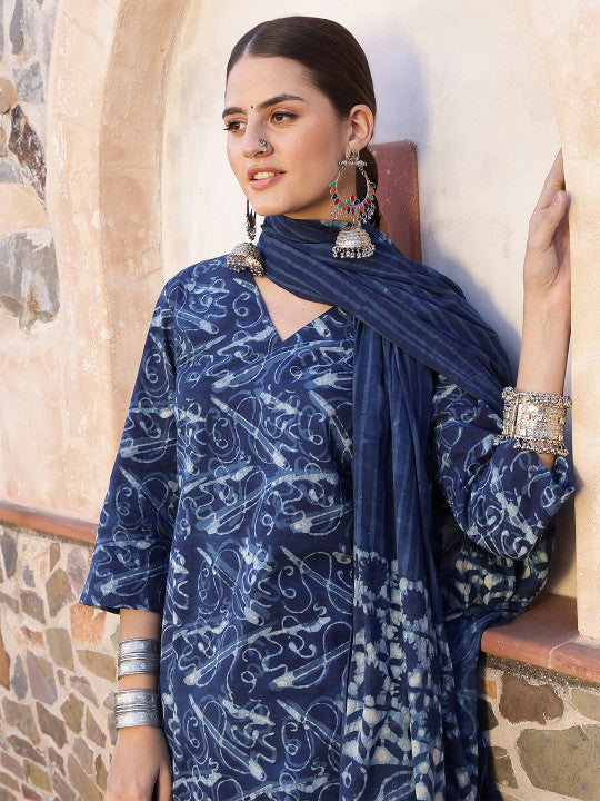 Taavi Abstract Printed Dabu Straight Kurta with Trouser & Dupatta