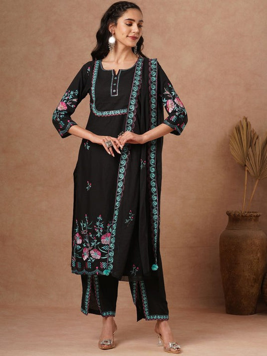 FASHOR Floral Embroidered Pure Cotton Straight Kurta With Trousers & Dupatta