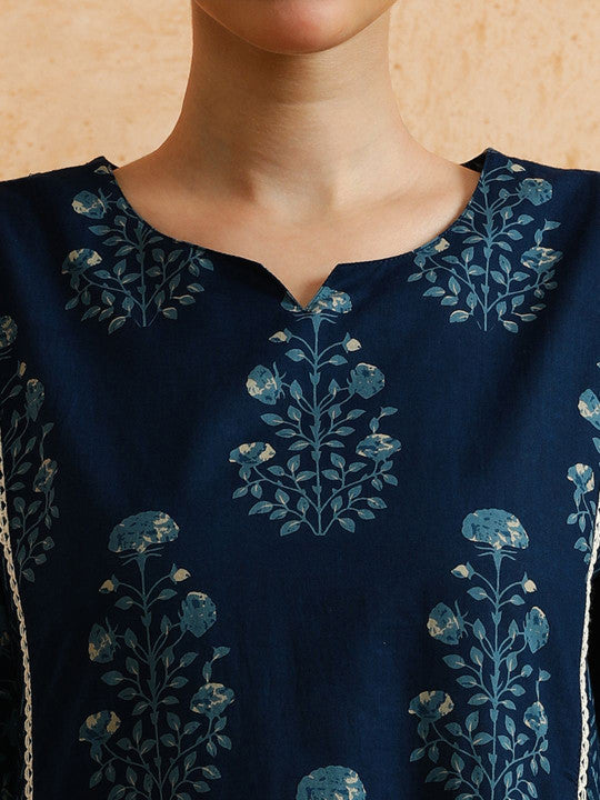 STYLEBAAZI Floral Printed Panelled Pure Cotton A-Line Kurta With Trousers And Dupatta