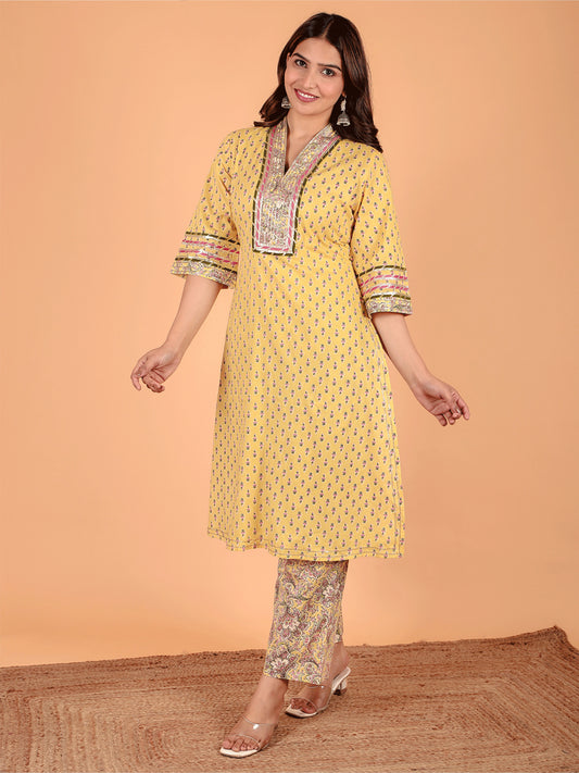 Soft Cotton Butti Straight Yellow Kurta