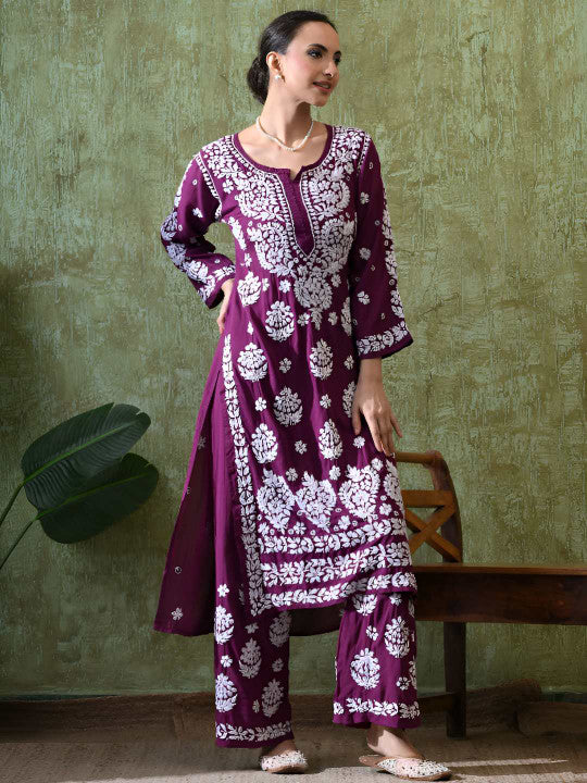 Syrish Women Ethnic Motifs Embroidered Regular Chikankari Pure Cotton Kurta with Palazzos