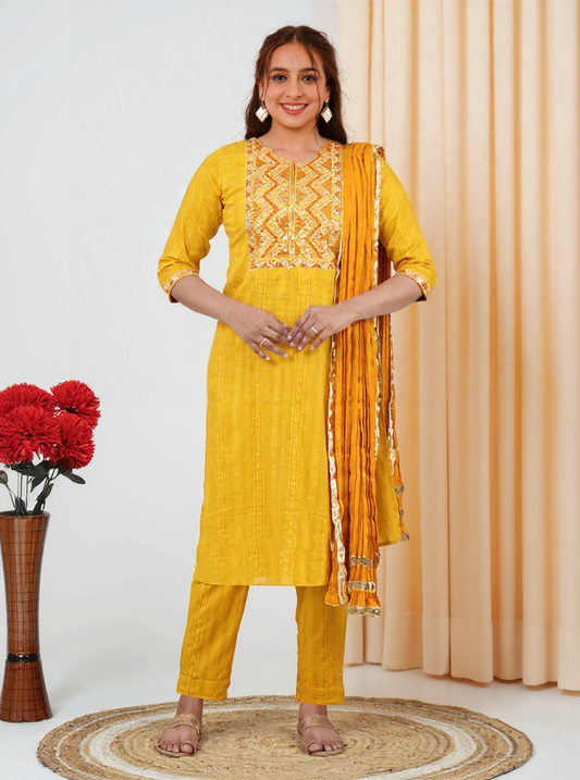 Embroidered Cotton Dobby Solid Yellow Kurta
