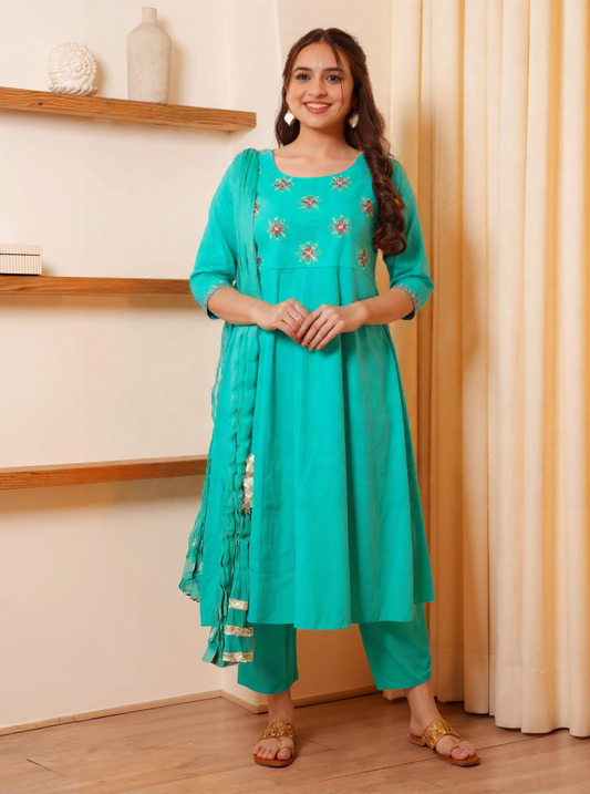 Embroidered Linen Cotton Solid Anarkali Sea Green Kurta
