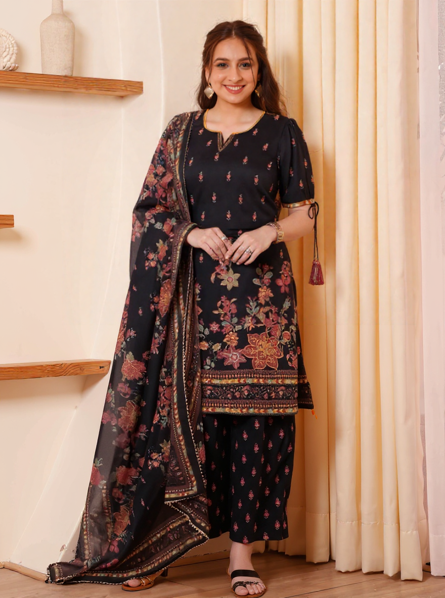 Embroidered Viscose Floral Straight Black Kurta