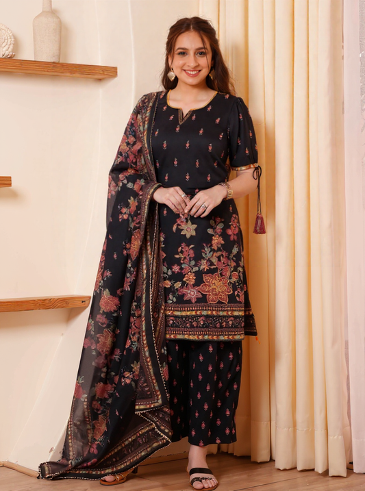Embroidered Viscose Floral Straight Black Kurta