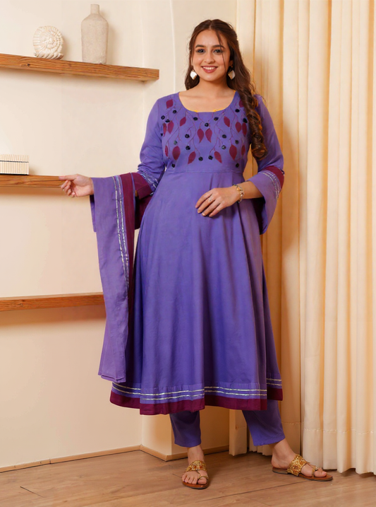 Embroidered Linen Cotton Solid Anarkali Purple Kurta