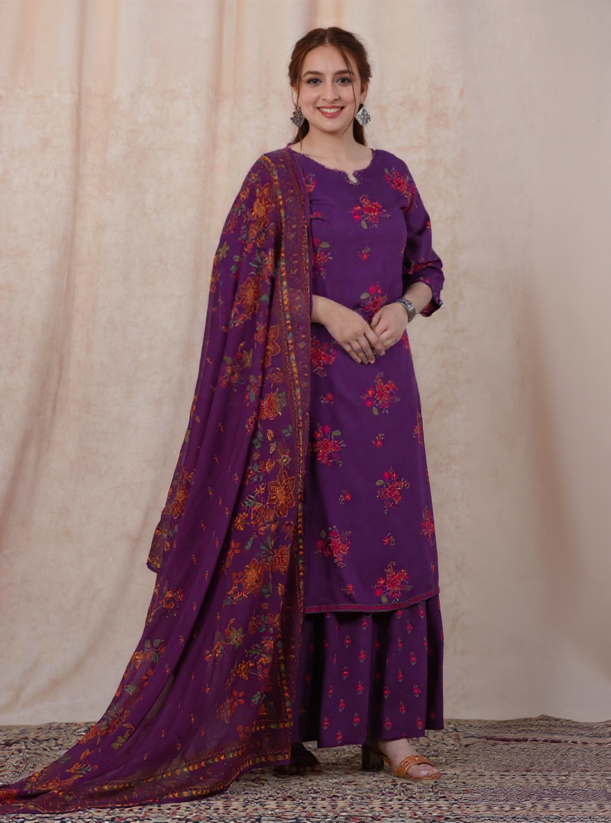 Embroidered Viscose Floral Straight Mauve Kurta