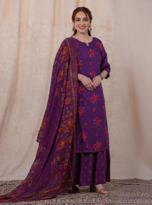 Embroidered Viscose Floral Straight Mauve Kurta
