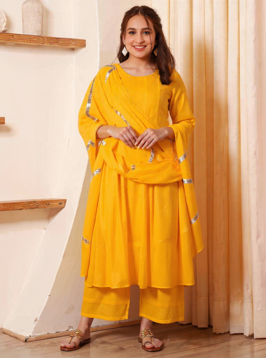 Embroidered Cotton Voile Solid Anarkali Yellow Kurta