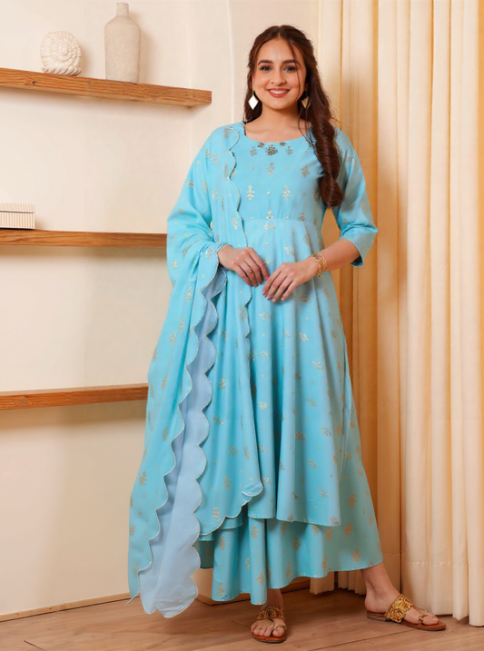 Embroidered Roman silk Gold foil Anarkali Green Kurta