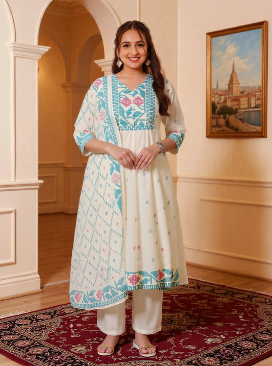 Soft Cotton Geometric Off White Kurta
