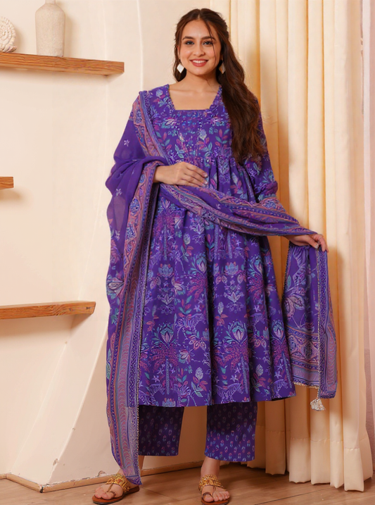 Embroidered Soft Cotton Floral Anarkali Purple Kurta