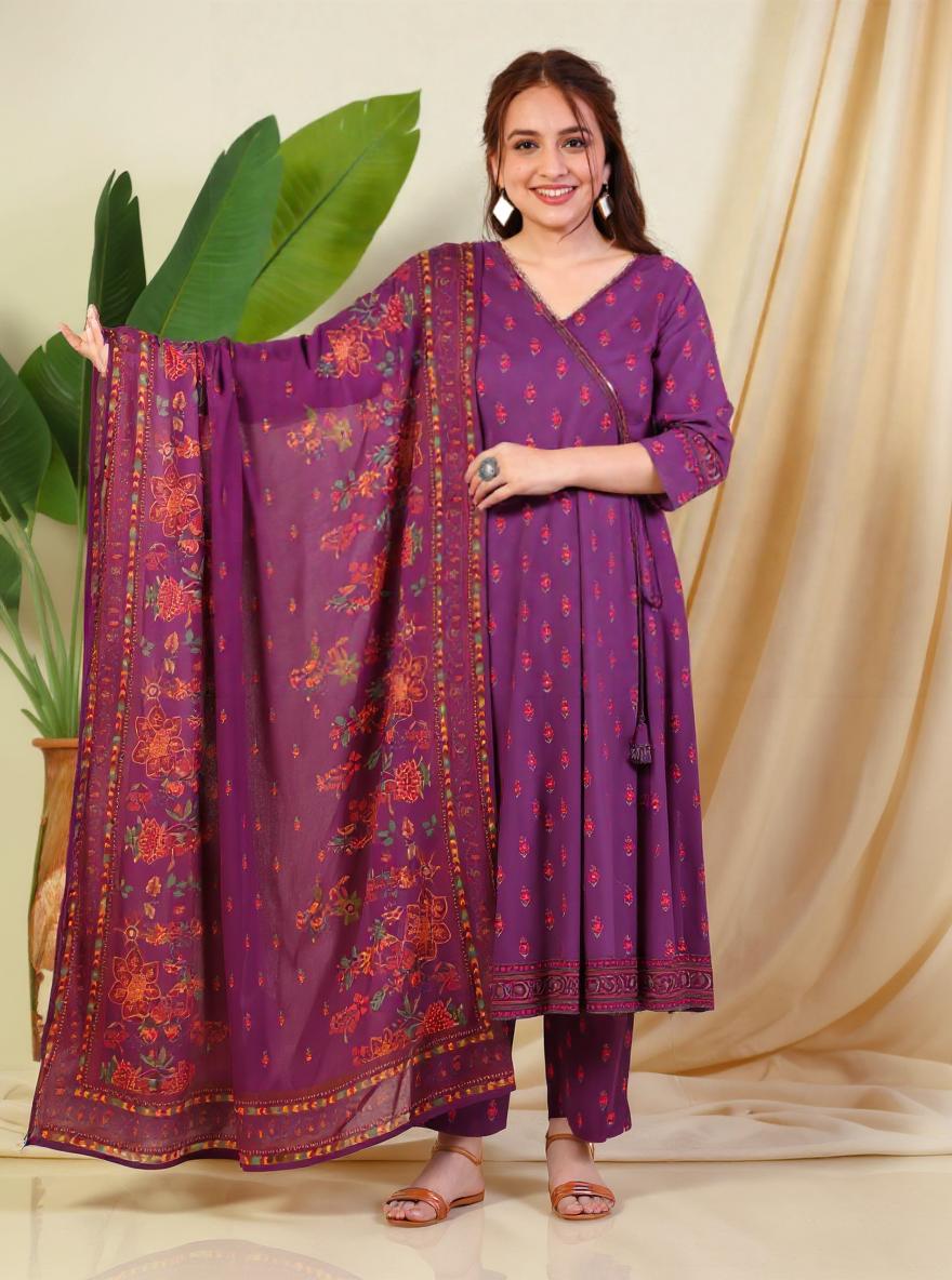 Embroidered Viscose Floral Angrakha Purple Kurta