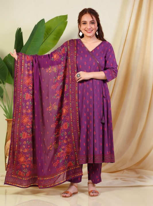 Embroidered Viscose Floral Angrakha Purple Kurta