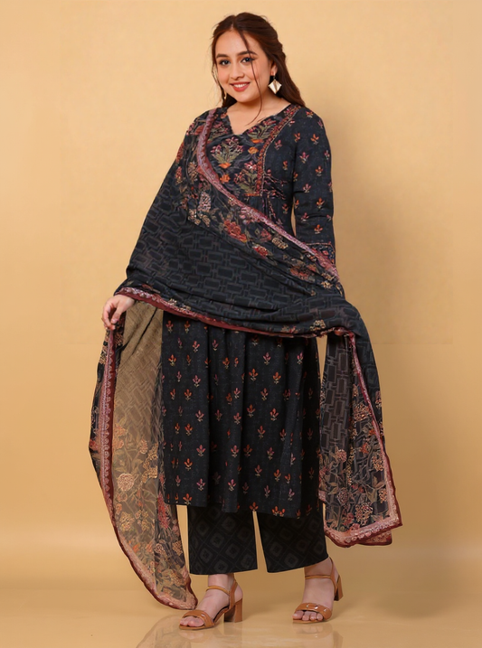 Soft Cotton Floral Flared Black Kurta