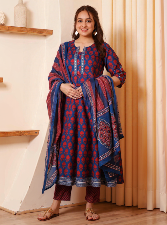 Embroidered Soft Cotton Block Print Flared Navy Blue Kurta